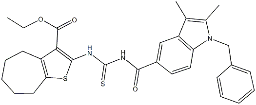 ethyl 2-[({[(1-benzyl-2,3-dimethyl-1H-indol-5-yl)carbonyl]amino}carbothioyl)amino]-5,6,7,8-tetrahydro-4H-cyclohepta[b]thiophene-3-carboxylate Struktur