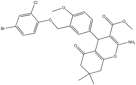 methyl 2-amino-4-{3-[(4-bromo-2-chlorophenoxy)methyl]-4-methoxyphenyl}-7,7-dimethyl-5-oxo-5,6,7,8-tetrahydro-4H-chromene-3-carboxylate Struktur