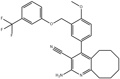 2-amino-4-(4-methoxy-3-{[3-(trifluoromethyl)phenoxy]methyl}phenyl)-5,6,7,8,9,10-hexahydrocycloocta[b]pyridine-3-carbonitrile Struktur