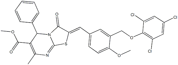 methyl 2-{4-methoxy-3-[(2,4,6-trichlorophenoxy)methyl]benzylidene}-7-methyl-3-oxo-5-phenyl-2,3-dihydro-5H-[1,3]thiazolo[3,2-a]pyrimidine-6-carboxylate Struktur