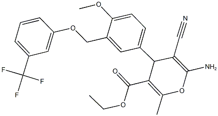 ethyl 6-amino-5-cyano-4-(4-methoxy-3-{[3-(trifluoromethyl)phenoxy]methyl}phenyl)-2-methyl-4H-pyran-3-carboxylate Struktur