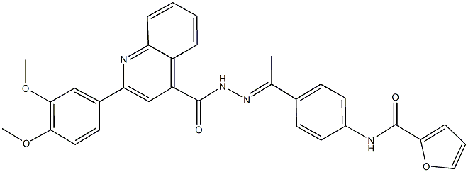 N-[4-(N-{[2-(3,4-dimethoxyphenyl)-4-quinolinyl]carbonyl}ethanehydrazonoyl)phenyl]-2-furamide Struktur