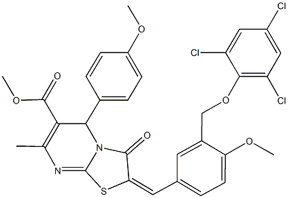 methyl 5-(4-methoxyphenyl)-2-{4-methoxy-3-[(2,4,6-trichlorophenoxy)methyl]benzylidene}-7-methyl-3-oxo-2,3-dihydro-5H-[1,3]thiazolo[3,2-a]pyrimidine-6-carboxylate Struktur