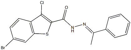 6-bromo-3-chloro-N'-(1-phenylethylidene)-1-benzothiophene-2-carbohydrazide Struktur