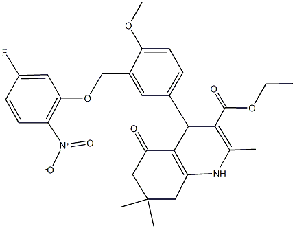 ethyl 4-[3-({5-fluoro-2-nitrophenoxy}methyl)-4-methoxyphenyl]-2,7,7-trimethyl-5-oxo-1,4,5,6,7,8-hexahydro-3-quinolinecarboxylate Struktur