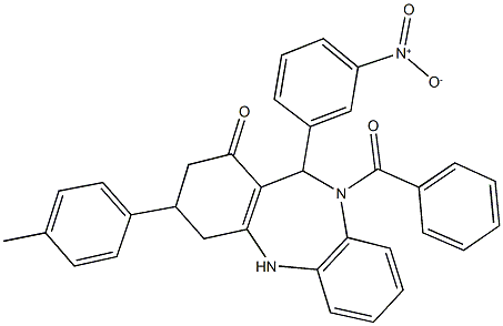 10-benzoyl-11-{3-nitrophenyl}-3-(4-methylphenyl)-2,3,4,5,10,11-hexahydro-1H-dibenzo[b,e][1,4]diazepin-1-one Struktur