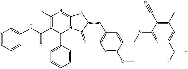 2-[3-({[3-cyano-6-(difluoromethyl)-4-methyl-2-pyridinyl]sulfanyl}methyl)-4-methoxybenzylidene]-7-methyl-3-oxo-N,5-diphenyl-2,3-dihydro-5H-[1,3]thiazolo[3,2-a]pyrimidine-6-carboxamide Struktur