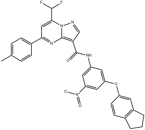 7-(difluoromethyl)-N-{3-(2,3-dihydro-1H-inden-5-yloxy)-5-nitrophenyl}-5-(4-methylphenyl)pyrazolo[1,5-a]pyrimidine-3-carboxamide Struktur