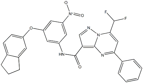 7-(difluoromethyl)-N-{3-(2,3-dihydro-1H-inden-5-yloxy)-5-nitrophenyl}-5-phenylpyrazolo[1,5-a]pyrimidine-3-carboxamide Struktur