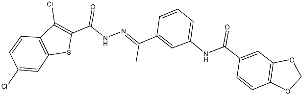 N-(3-{N-[(3,6-dichloro-1-benzothien-2-yl)carbonyl]ethanehydrazonoyl}phenyl)-1,3-benzodioxole-5-carboxamide Struktur