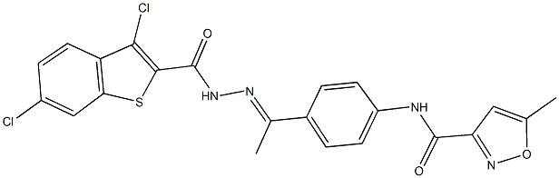 N-(4-{N-[(3,6-dichloro-1-benzothien-2-yl)carbonyl]ethanehydrazonoyl}phenyl)-5-methyl-3-isoxazolecarboxamide Struktur