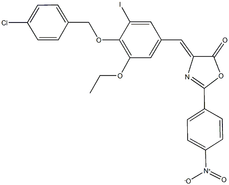 4-{4-[(4-chlorobenzyl)oxy]-3-ethoxy-5-iodobenzylidene}-2-{4-nitrophenyl}-1,3-oxazol-5(4H)-one Struktur