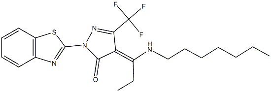 2-(1,3-benzothiazol-2-yl)-4-[1-(heptylamino)propylidene]-5-(trifluoromethyl)-2,4-dihydro-3H-pyrazol-3-one Struktur