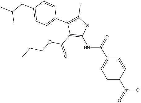 propyl 2-({4-nitrobenzoyl}amino)-4-(4-isobutylphenyl)-5-methyl-3-thiophenecarboxylate Struktur