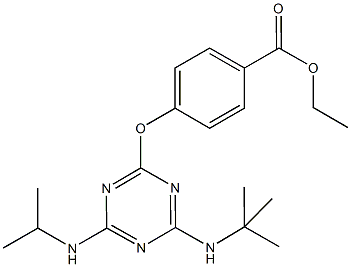 ethyl 4-{[4-(tert-butylamino)-6-(isopropylamino)-1,3,5-triazin-2-yl]oxy}benzoate Struktur