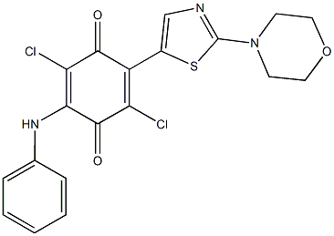 2-anilino-3,6-dichloro-5-[2-(4-morpholinyl)-1,3-thiazol-5-yl]benzo-1,4-quinone Struktur