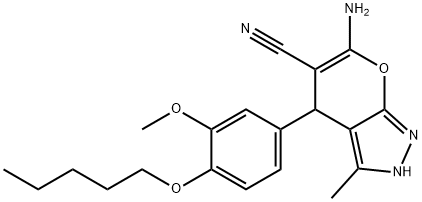 6-amino-3-methyl-4-[3-(methyloxy)-4-(pentyloxy)phenyl]-2,4-dihydropyrano[2,3-c]pyrazole-5-carbonitrile Struktur