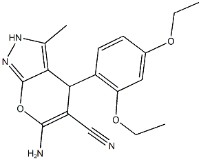 6-amino-4-(2,4-diethoxyphenyl)-3-methyl-2,4-dihydropyrano[2,3-c]pyrazole-5-carbonitrile Struktur