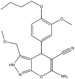 6-amino-4-(4-butoxy-3-methoxyphenyl)-3-(methoxymethyl)-2,4-dihydropyrano[2,3-c]pyrazole-5-carbonitrile Struktur