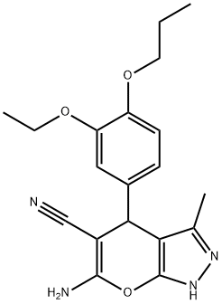 6-amino-4-[3-(ethyloxy)-4-(propyloxy)phenyl]-3-methyl-1,4-dihydropyrano[2,3-c]pyrazole-5-carbonitrile Struktur