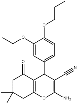 2-amino-4-[3-(ethyloxy)-4-(propyloxy)phenyl]-7,7-dimethyl-5-oxo-5,6,7,8-tetrahydro-4H-chromene-3-carbonitrile Struktur