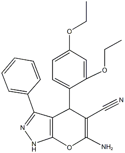 6-amino-4-(2,4-diethoxyphenyl)-3-phenyl-1,4-dihydropyrano[2,3-c]pyrazole-5-carbonitrile Struktur