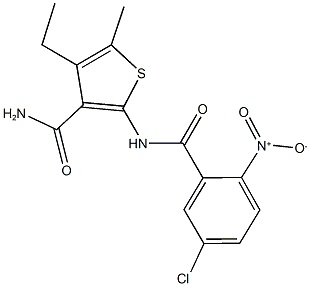 2-({5-chloro-2-nitrobenzoyl}amino)-4-ethyl-5-methyl-3-thiophenecarboxamide Struktur