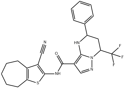 N-(3-cyano-5,6,7,8-tetrahydro-4H-cyclohepta[b]thien-2-yl)-5-phenyl-7-(trifluoromethyl)-4,5,6,7-tetrahydropyrazolo[1,5-a]pyrimidine-3-carboxamide Struktur