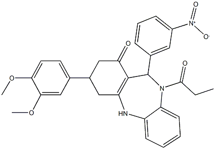 3-(3,4-dimethoxyphenyl)-11-{3-nitrophenyl}-10-propionyl-2,3,4,5,10,11-hexahydro-1H-dibenzo[b,e][1,4]diazepin-1-one Struktur