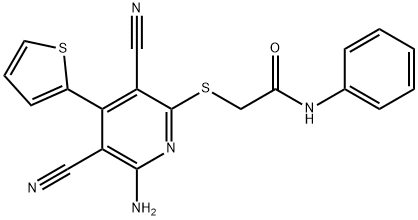 2-{[6-amino-3,5-dicyano-4-(2-thienyl)-2-pyridinyl]sulfanyl}-N-phenylacetamide Struktur