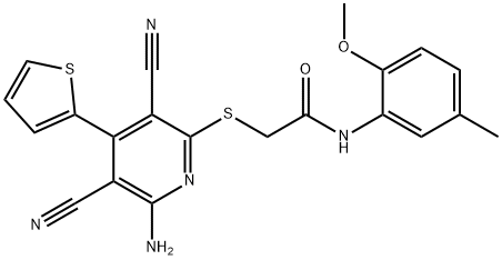 2-{[6-amino-3,5-dicyano-4-(2-thienyl)-2-pyridinyl]sulfanyl}-N-(2-methoxy-5-methylphenyl)acetamide Struktur