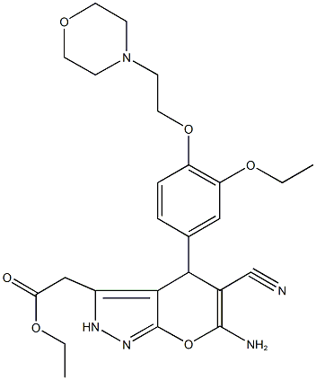 ethyl (6-amino-5-cyano-4-{3-ethoxy-4-[2-(4-morpholinyl)ethoxy]phenyl}-2,4-dihydropyrano[2,3-c]pyrazol-3-yl)acetate Struktur