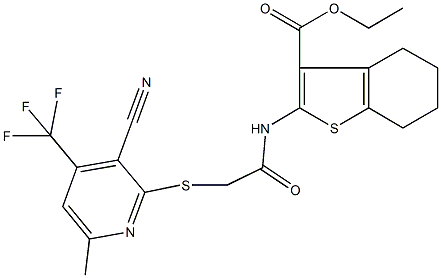 ethyl 2-[({[3-cyano-6-methyl-4-(trifluoromethyl)-2-pyridinyl]sulfanyl}acetyl)amino]-4,5,6,7-tetrahydro-1-benzothiophene-3-carboxylate Struktur