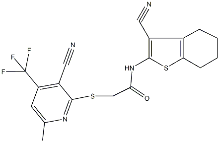 2-{[3-cyano-6-methyl-4-(trifluoromethyl)-2-pyridinyl]sulfanyl}-N-(3-cyano-4,5,6,7-tetrahydro-1-benzothien-2-yl)acetamide Struktur