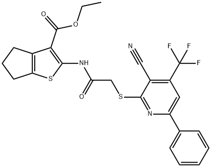 ethyl 2-[({[3-cyano-6-phenyl-4-(trifluoromethyl)-2-pyridinyl]sulfanyl}acetyl)amino]-5,6-dihydro-4H-cyclopenta[b]thiophene-3-carboxylate Struktur