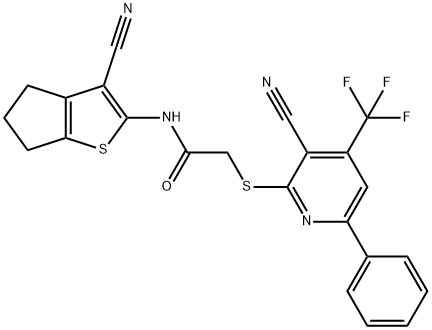 N-(3-cyano-5,6-dihydro-4H-cyclopenta[b]thien-2-yl)-2-{[3-cyano-6-phenyl-4-(trifluoromethyl)-2-pyridinyl]sulfanyl}acetamide Struktur