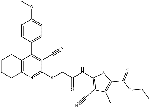 ethyl 4-cyano-5-[({[3-cyano-4-(4-methoxyphenyl)-5,6,7,8-tetrahydro-2-quinolinyl]sulfanyl}acetyl)amino]-3-methyl-2-thiophenecarboxylate Struktur