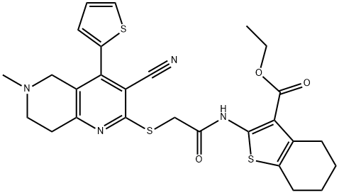 ethyl 2-[({[3-cyano-6-methyl-4-(2-thienyl)-5,6,7,8-tetrahydro[1,6]naphthyridin-2-yl]sulfanyl}acetyl)amino]-4,5,6,7-tetrahydro-1-benzothiophene-3-carboxylate Struktur