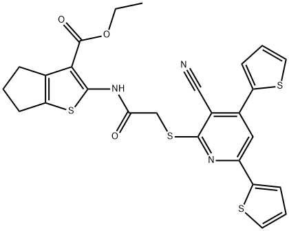 ethyl 2-[({[3-cyano-4,6-di(2-thienyl)-2-pyridinyl]sulfanyl}acetyl)amino]-5,6-dihydro-4H-cyclopenta[b]thiophene-3-carboxylate Struktur