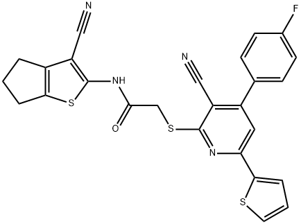 N-(3-cyano-5,6-dihydro-4H-cyclopenta[b]thien-2-yl)-2-{[3-cyano-4-(4-fluorophenyl)-6-(2-thienyl)-2-pyridinyl]sulfanyl}acetamide Struktur