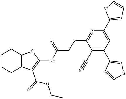 ethyl 2-[({[3-cyano-6-(2-thienyl)-4-(3-thienyl)-2-pyridinyl]sulfanyl}acetyl)amino]-4,5,6,7-tetrahydro-1-benzothiophene-3-carboxylate Struktur