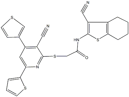 N-(3-cyano-4,5,6,7-tetrahydro-1-benzothien-2-yl)-2-{[3-cyano-6-(2-thienyl)-4-(3-thienyl)-2-pyridinyl]sulfanyl}acetamide Struktur