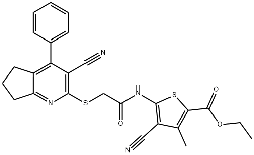 ethyl 4-cyano-5-({[(3-cyano-4-phenyl-6,7-dihydro-5H-cyclopenta[b]pyridin-2-yl)sulfanyl]acetyl}amino)-3-methyl-2-thiophenecarboxylate Struktur