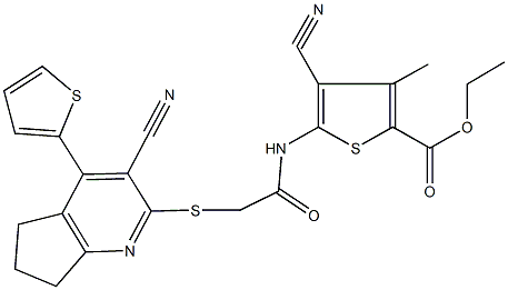 ethyl 4-cyano-5-[({[3-cyano-4-(2-thienyl)-6,7-dihydro-5H-cyclopenta[b]pyridin-2-yl]sulfanyl}acetyl)amino]-3-methyl-2-thiophenecarboxylate Struktur