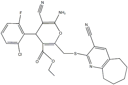 ethyl 6-amino-4-(2-chloro-6-fluorophenyl)-5-cyano-2-{[(3-cyano-6,7,8,9-tetrahydro-5H-cyclohepta[b]pyridin-2-yl)sulfanyl]methyl}-4H-pyran-3-carboxylate Struktur