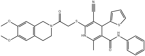 5-cyano-6-{[2-(6,7-dimethoxy-3,4-dihydro-2(1H)-isoquinolinyl)-2-oxoethyl]sulfanyl}-2-methyl-N-phenyl-4-(2-thienyl)-1,4-dihydro-3-pyridinecarboxamide Struktur