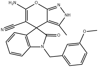 6-amino-1'-(3-methoxybenzyl)-5-cyano-3-methyl-1',3',2,4-tetrahydro-2'-oxospiro[pyrano{2,3-c}pyrazole-4,3'-(2'H)-indole] Struktur