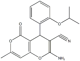 2-amino-4-(2-isopropoxyphenyl)-7-methyl-5-oxo-4H,5H-pyrano[4,3-b]pyran-3-carbonitrile Struktur