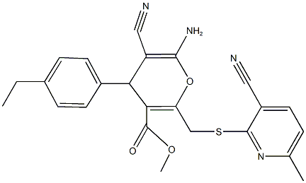 methyl 6-amino-5-cyano-2-{[(3-cyano-6-methyl-2-pyridinyl)sulfanyl]methyl}-4-(4-ethylphenyl)-4H-pyran-3-carboxylate Struktur