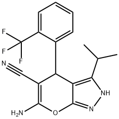 6-amino-3-isopropyl-4-[2-(trifluoromethyl)phenyl]-2,4-dihydropyrano[2,3-c]pyrazole-5-carbonitrile Struktur